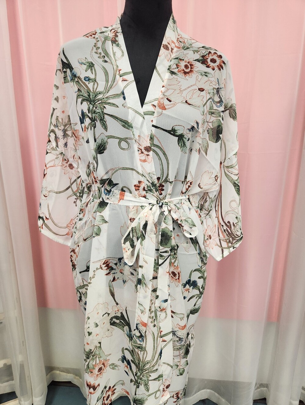 Floral Sheer Kimono Wrap Dress - White/Green